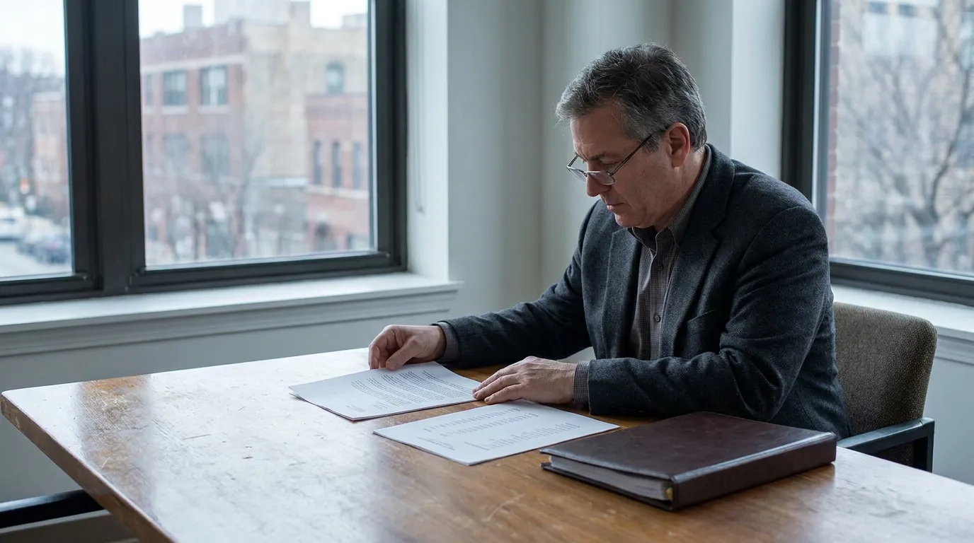 Chicago Lawyer Reviewing Illinois Dram Shop Damage Cap Documents man wearing glasses reviewing printed legal documents at wooden office desk