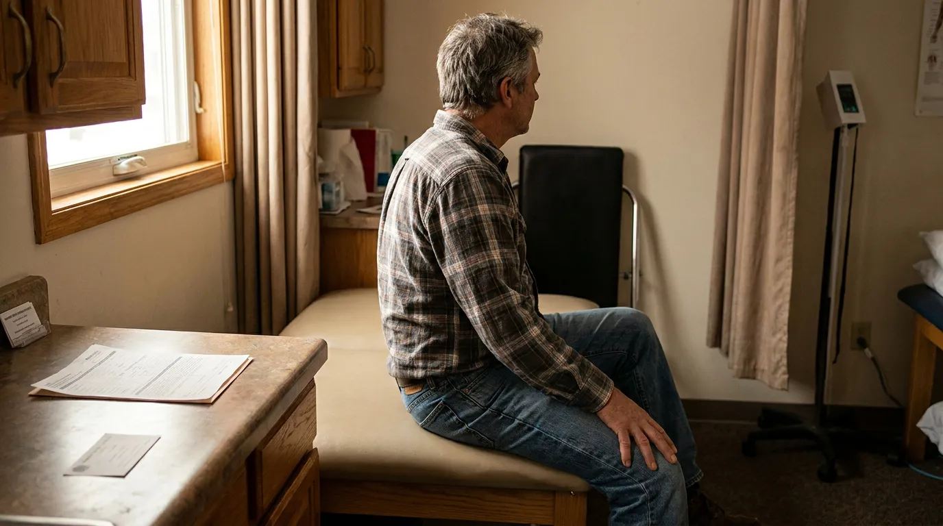 Missoula Car Accident Injury Victim at Doctor Visit man seated on medical exam table in doctor's office with paperwork nearby
