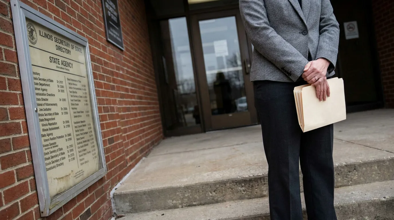 Illinois Secretary of State Shareholder Dissenters Rights Corporate Action professional holding folders outside Illinois Secretary of State Directory building entrance