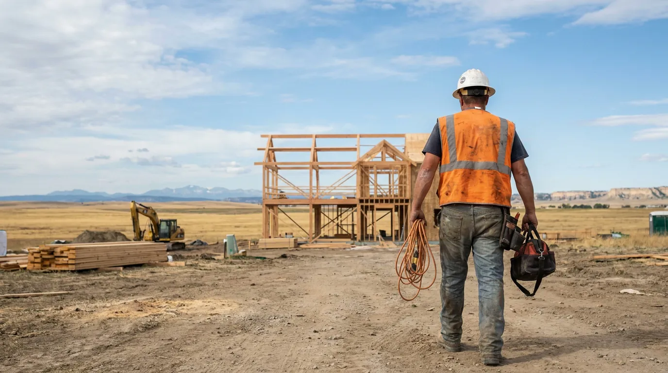 construction worker in hard hat carrying tools toward wood-framed building structure