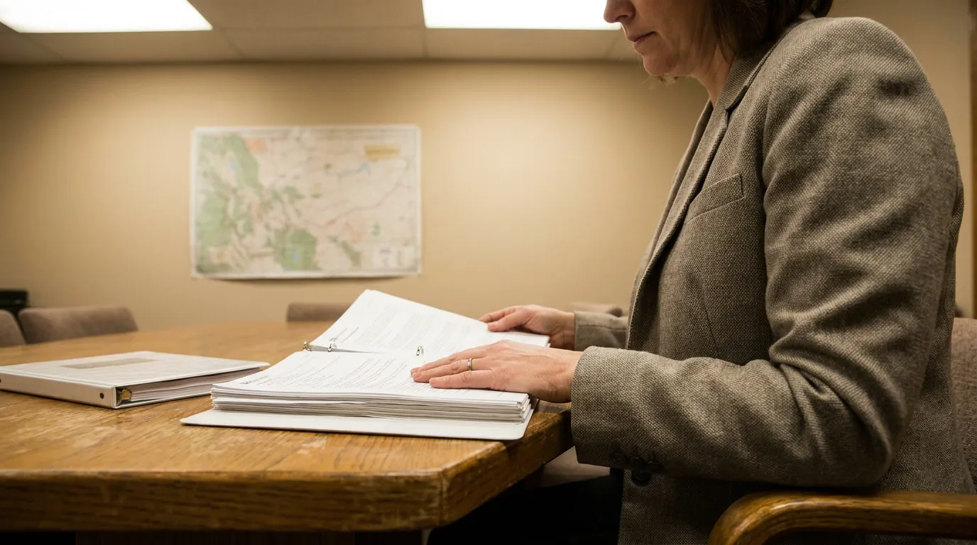 Montana Attorney Reviewing UIM Stacking Insurance Documents professional woman in blazer reviewing open binder of legal documents at conference table