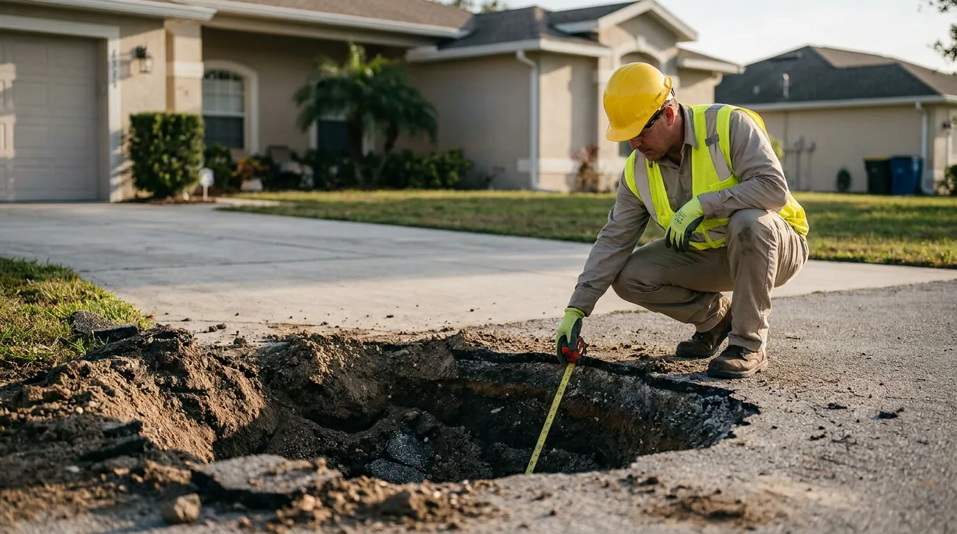 Florida Inspector Measuring Catastrophic Ground Cover Collapse Sinkhole safety inspector in hard hat measuring large sinkhole in residential street