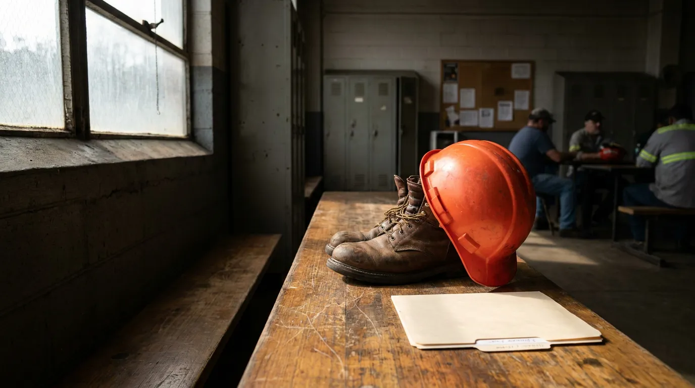 worn work boots, hard hat, and file folder on wooden bench in industrial break room