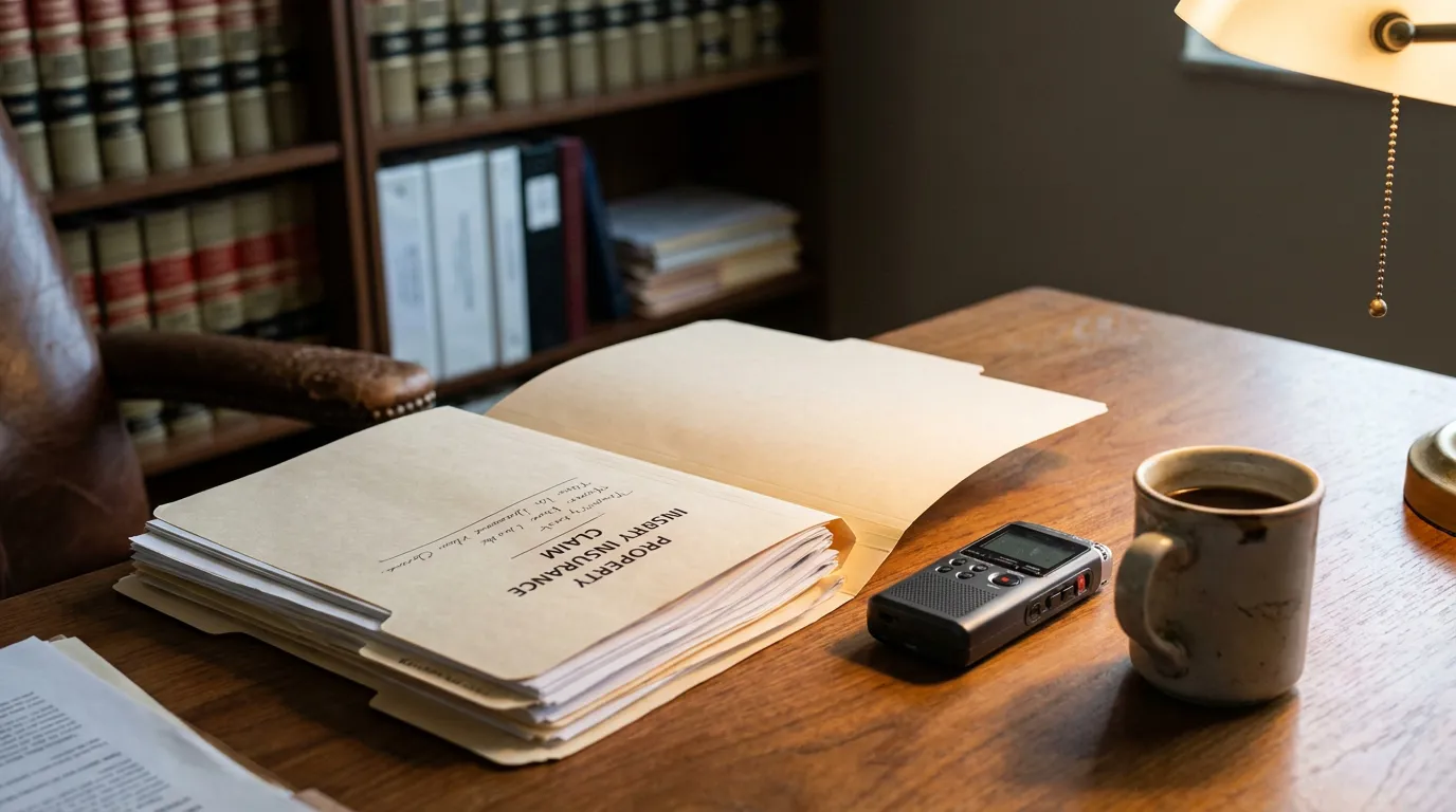 Florida Property Insurance Claim EUO Documents and Recorder Property Insurance Claim file folder open on attorney desk with voice recorder