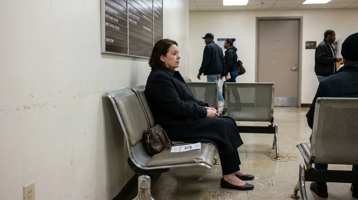 Woman Waiting for 50-H Hearing NYC Municipal Building woman seated alone on bench in government building waiting area with directory sign