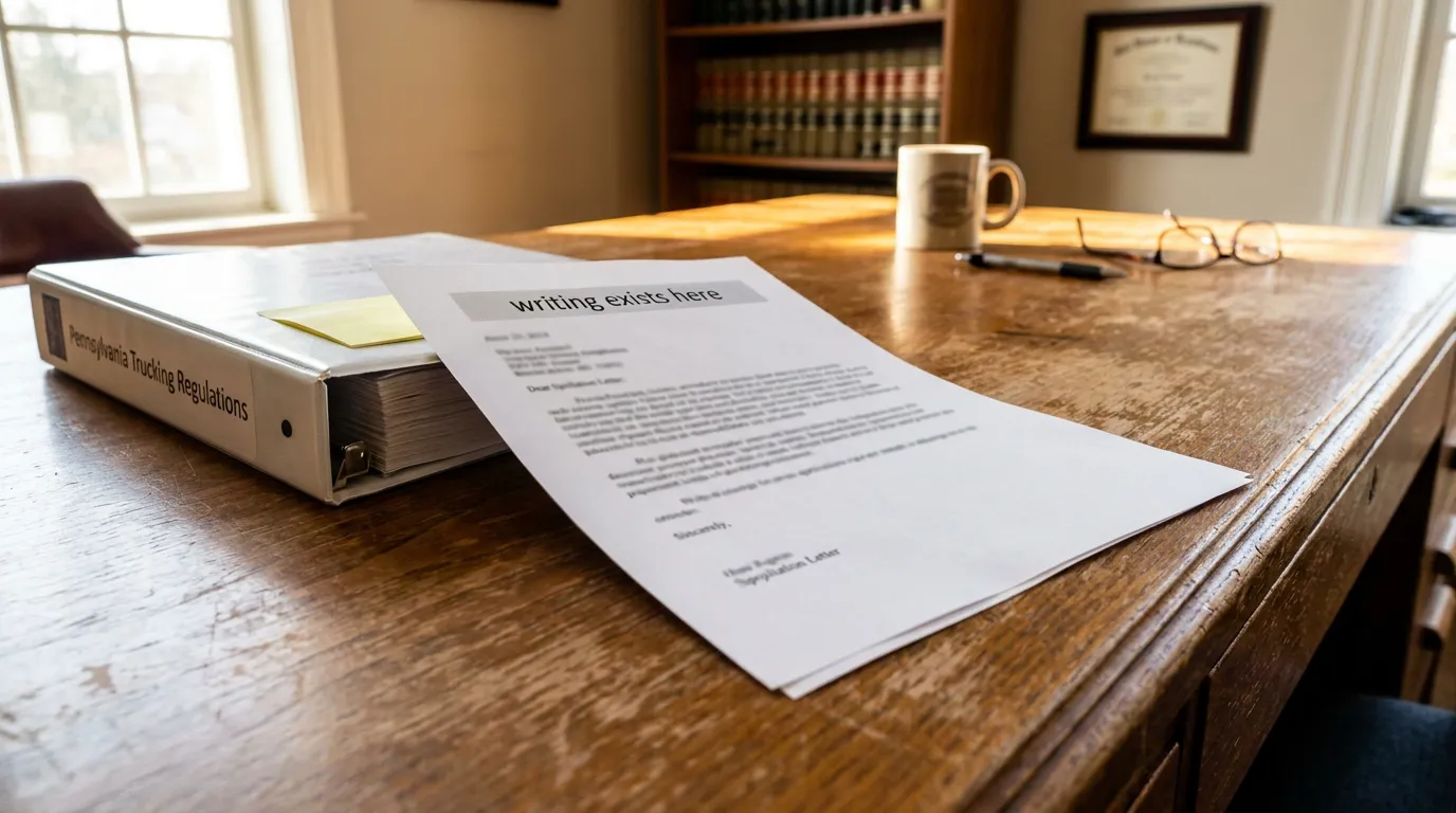 PA Truck Accident Spoliation Letter on Lawyer Desk Pennsylvania Trucking Regulations binder beside formal letter on law office desk