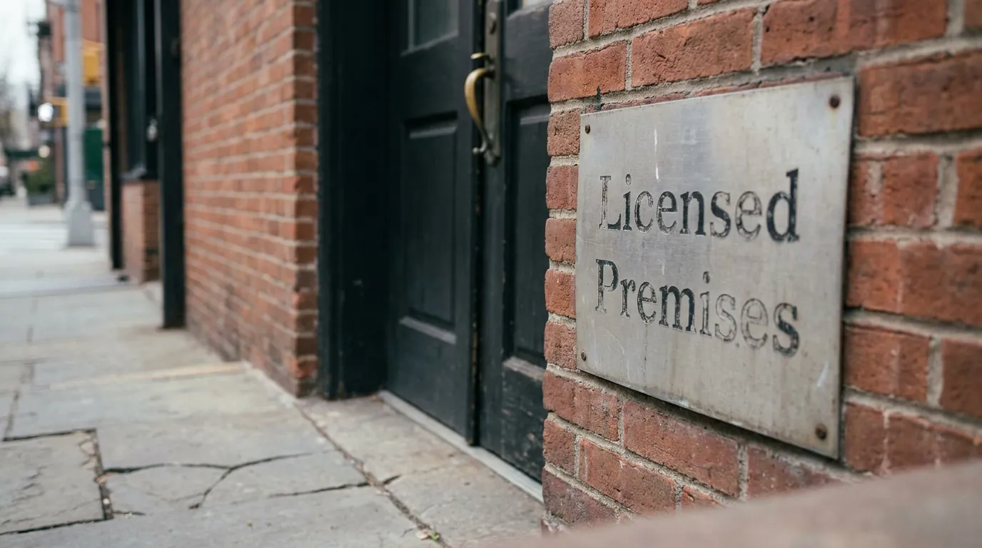 New York Licensed Premises Dram Shop Liability Licensed Premises metal sign mounted on brick wall beside entrance door
