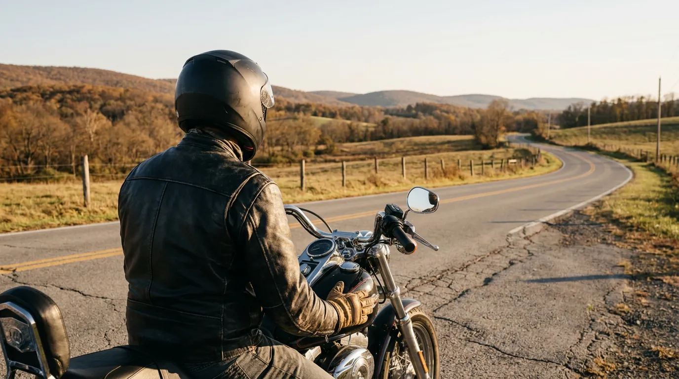 PA Motorcycle Rider Wearing Helmet on Pennsylvania Road helmeted motorcyclist in leather jacket stopped on winding rural highway