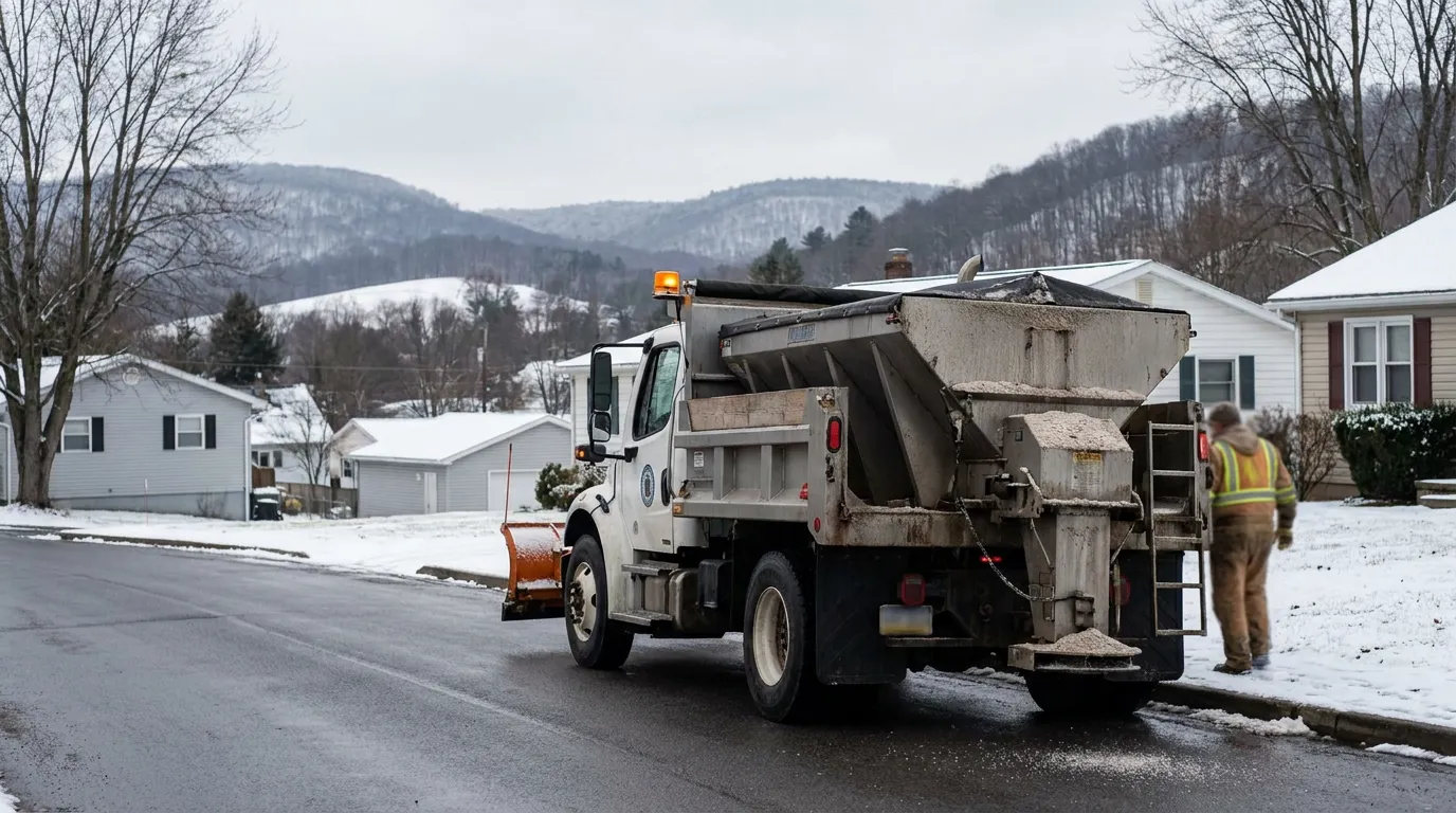 PA Snow Plow Truck Salting Icy Residential Street Winter municipal snow plow truck with salt spreader operating on residential street in winter
