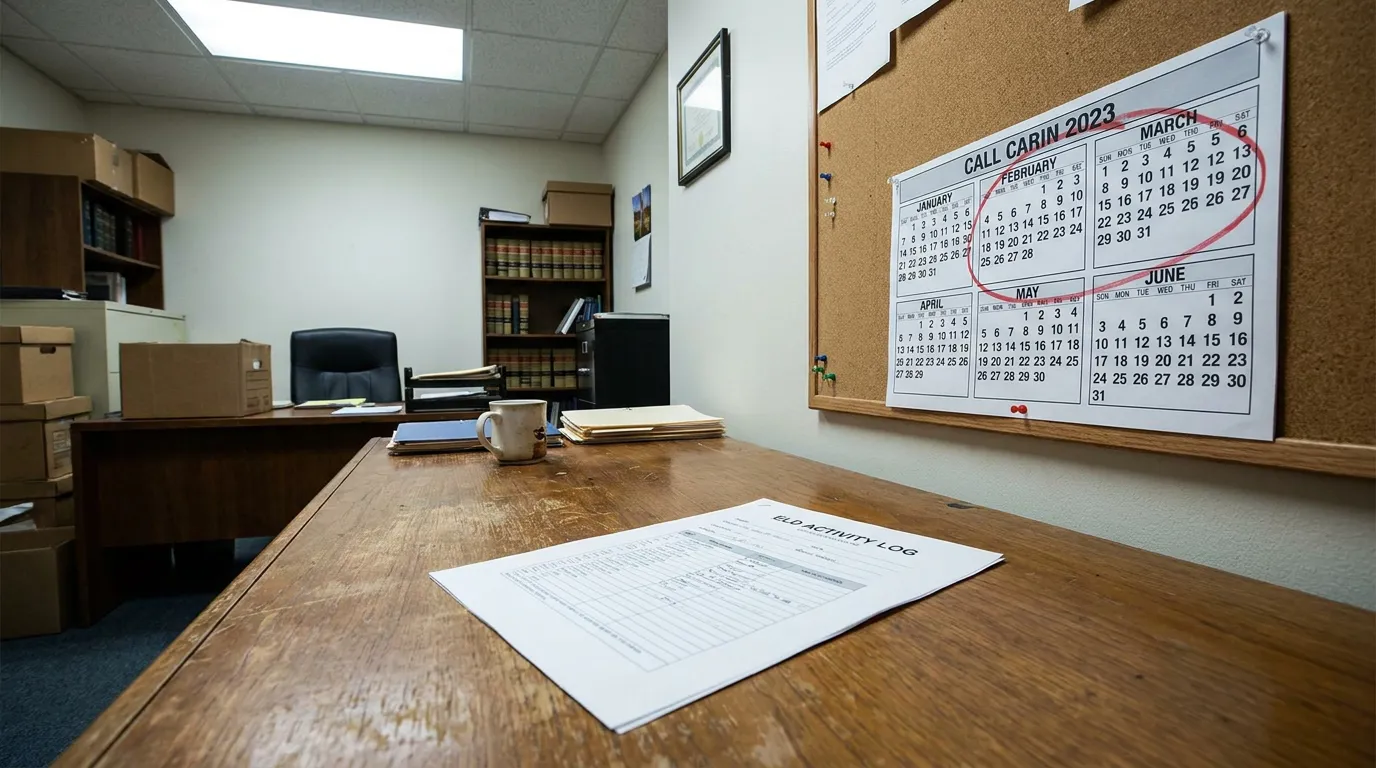 ELD Activity Log and 6-Month Retention Calendar NYC Law Office ELD activity log on desk beside 2023 wall calendar with circled date