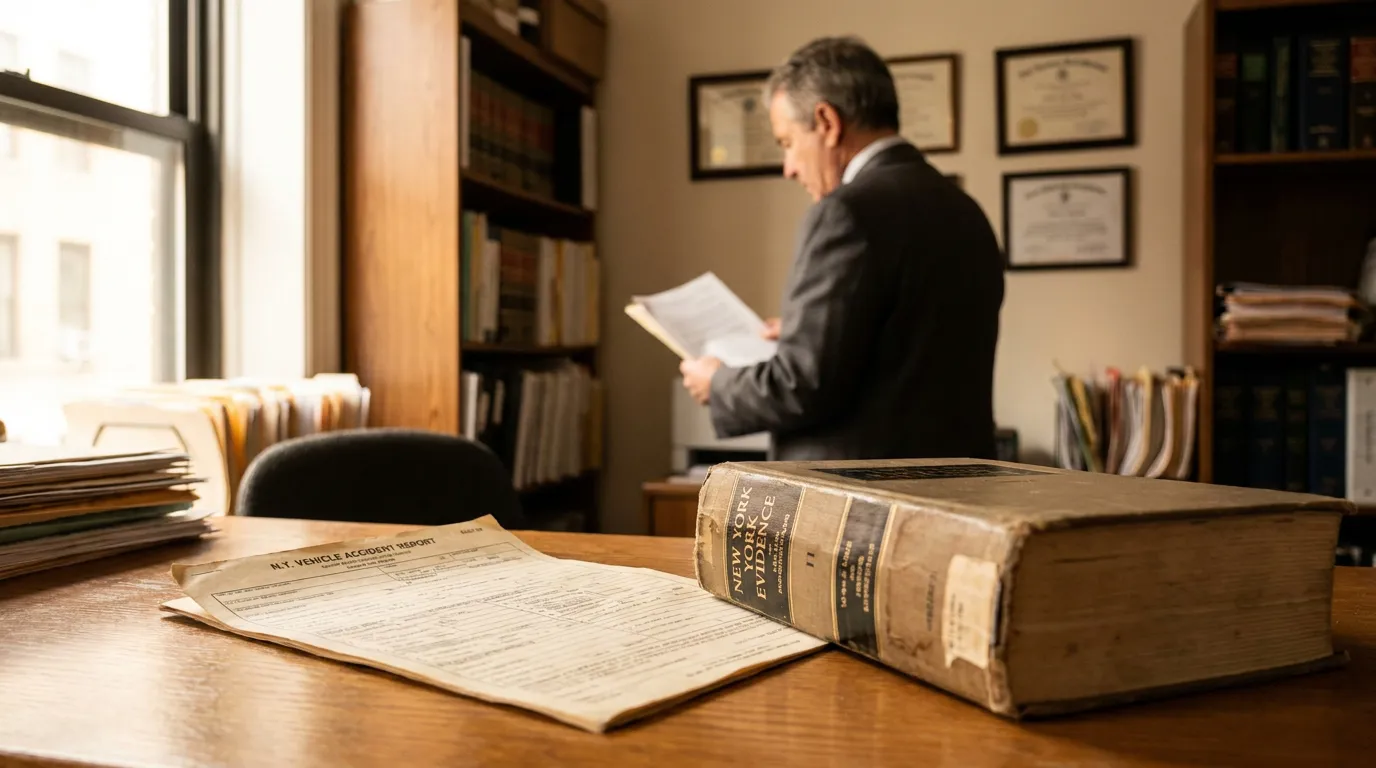 attorney reviewing documents beside N.Y. Vehicle Accident Report and New York Evidence book