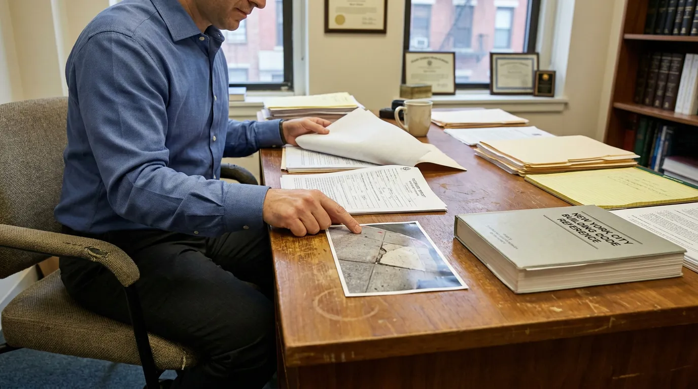 NYC Slip and Fall Attorney Reviewing Sidewalk Defect Evidence attorney reviewing photo evidence beside New York City Building Code Reference book