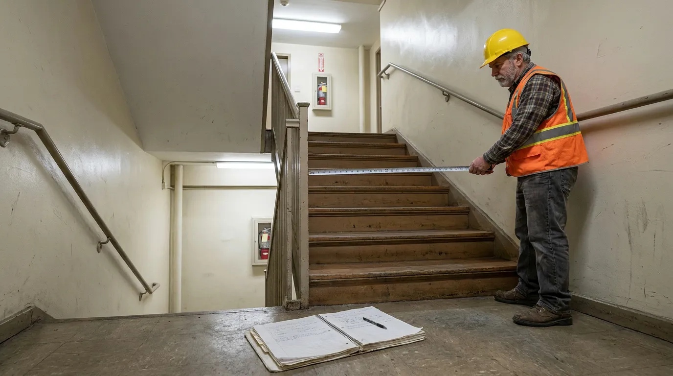 safety inspector measuring indoor staircase with tape measure and open notebook on floor