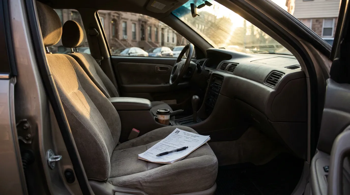 New York Rear End Accident Claim Documents in Car printed form and pen resting on passenger seat of parked vehicle