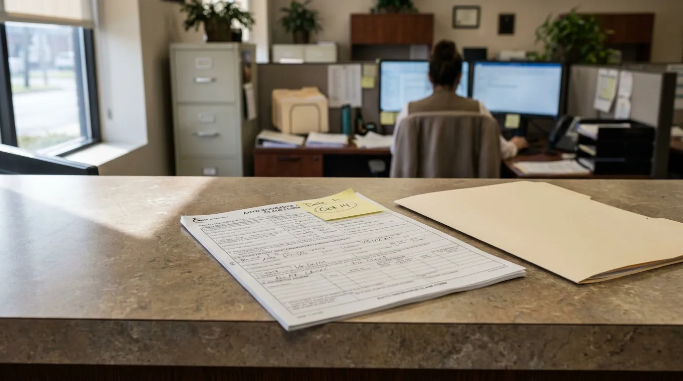 PA Auto Insurance Claim Form 30-Day Notice Phantom Vehicle completed auto insurance claim form with sticky note on office counter