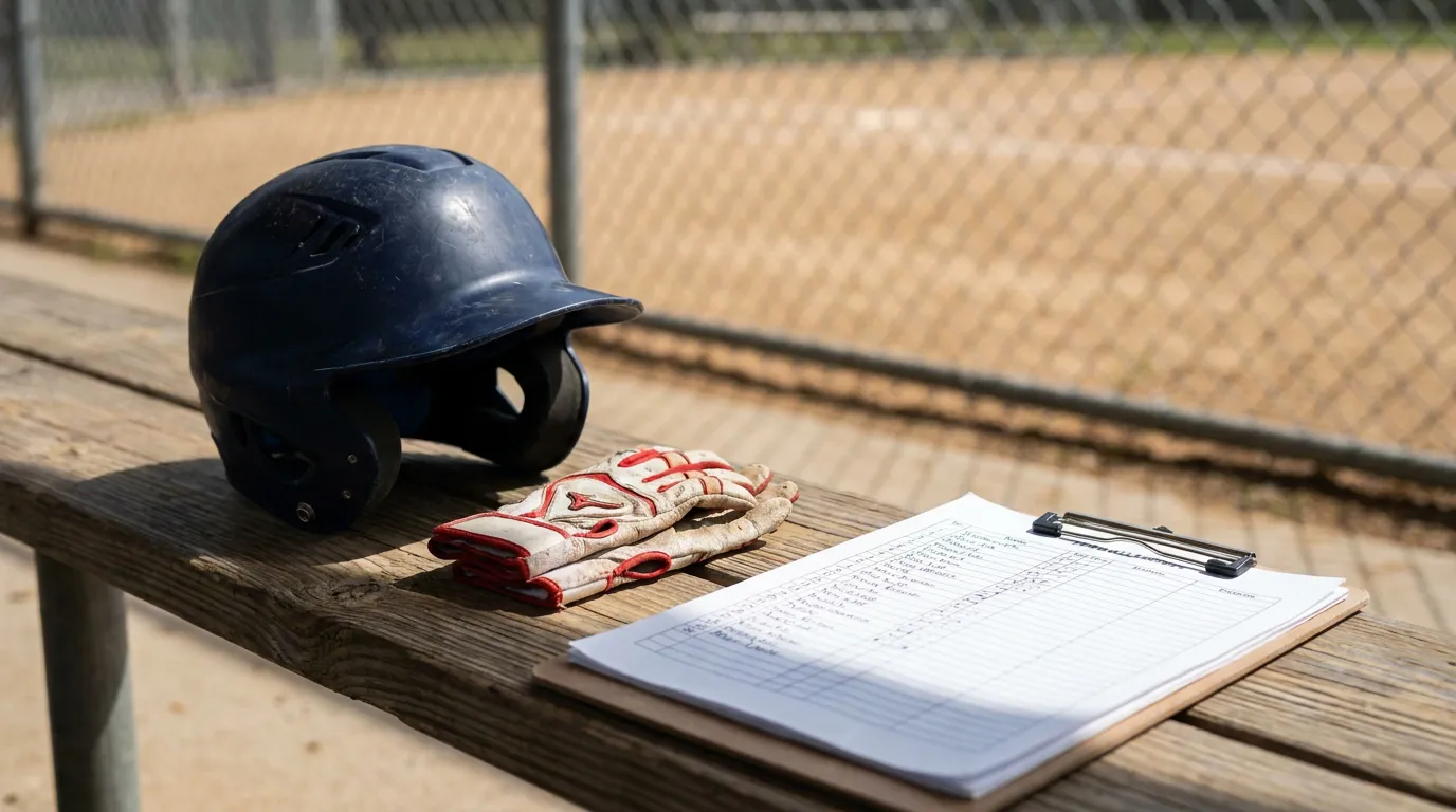 PA Youth Baseball Helmet Gloves and Roster on Dugout Bench baseball batting helmet, batting gloves, and clipboard with scoresheet on dugout bench