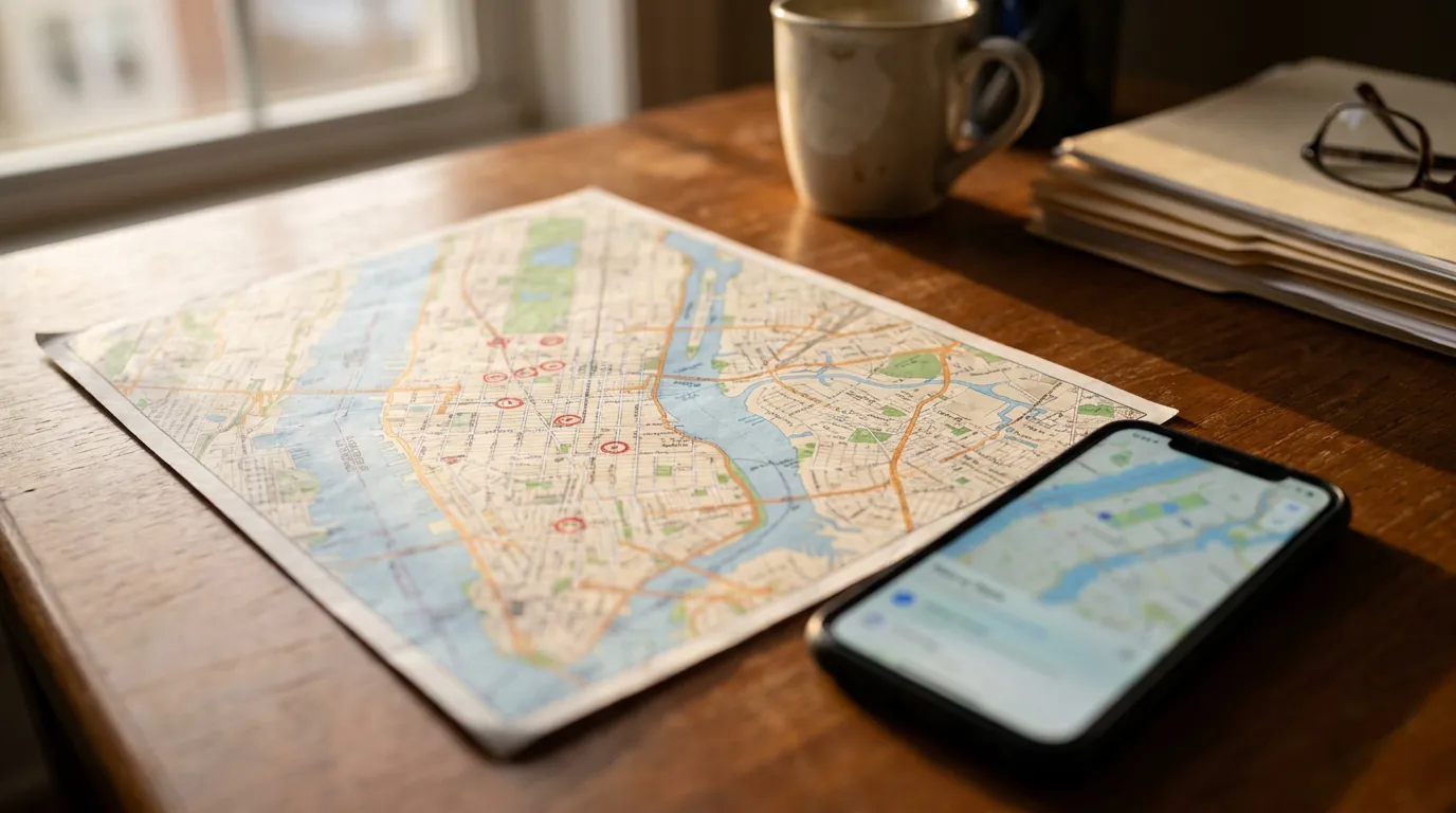 printed city street map and smartphone displaying digital map on wooden desk