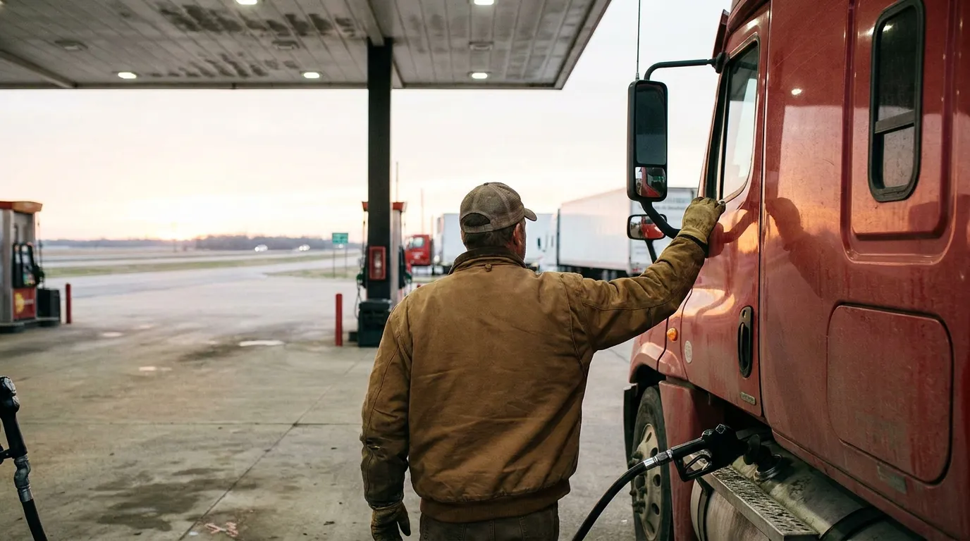 truck driver standing beside large commercial truck at fuel station