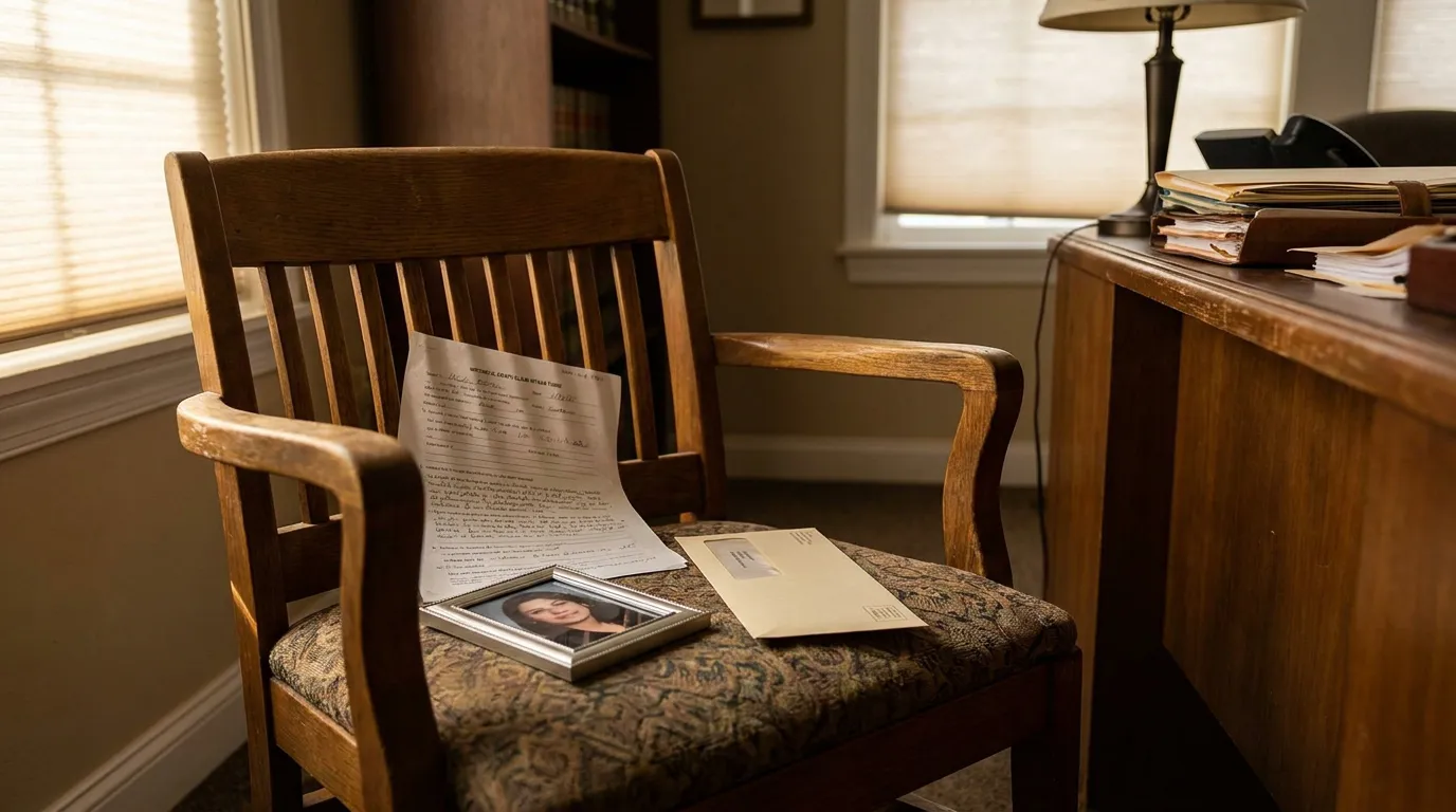Decatur Alabama Wrongful Death Claim Form and Photo wrongful death claim intake form and framed portrait resting on wooden office chair