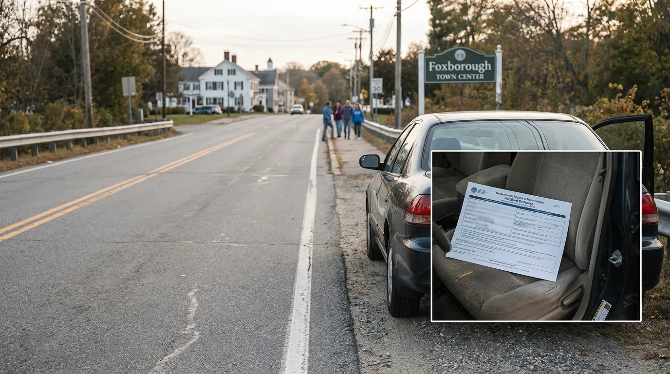 Foxborough Car Crash Scene MA 231 85X Consortium Claim Car pulled over near Foxborough Town Center sign with Massachusetts accident exchange form on seat