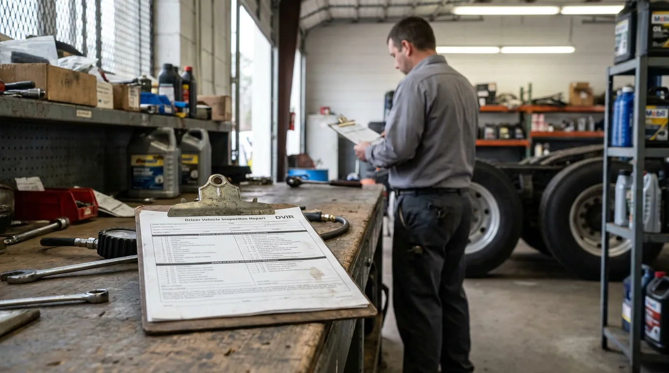 DVIR Driver Vehicle Inspection Report Decatur Semi-Truck DVIR Driver Vehicle Inspection Report on clipboard in commercial truck repair garage