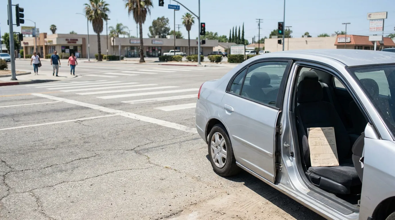sedan with open door and document on seat stopped at urban intersection crosswalk