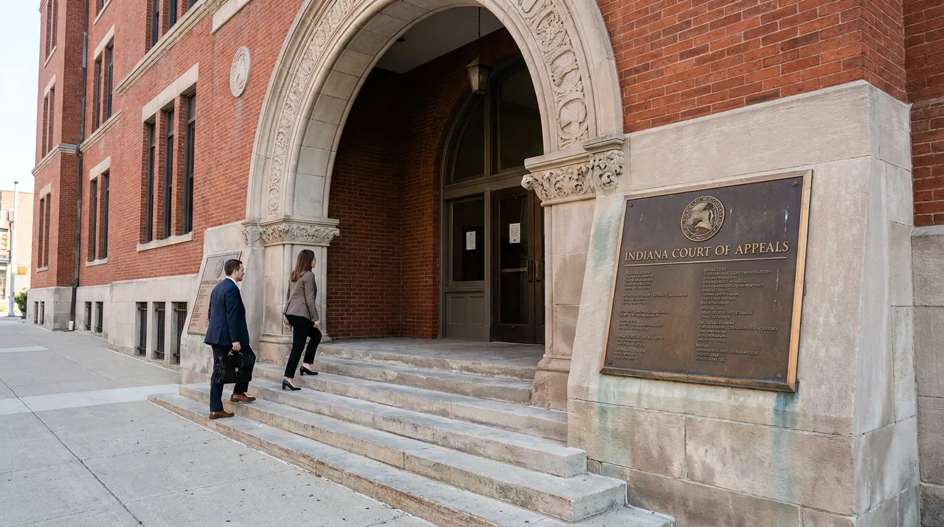 Indiana Court of Appeals Building Indianapolis Negligent Security Ruling two attorneys carrying briefcase entering Indiana Court of Appeals building entrance