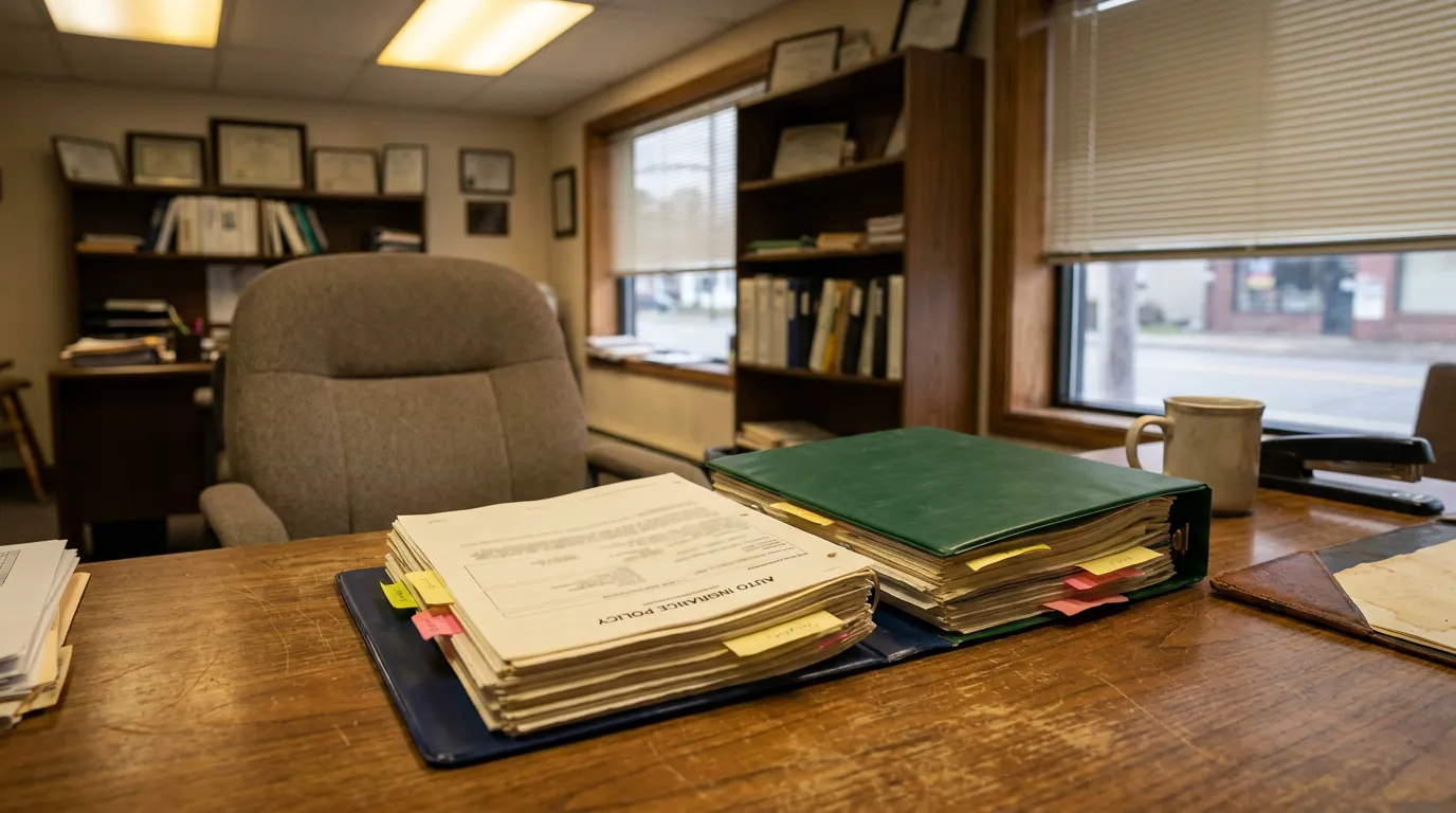 Auto insurance policy documents in open binders on attorney office desk