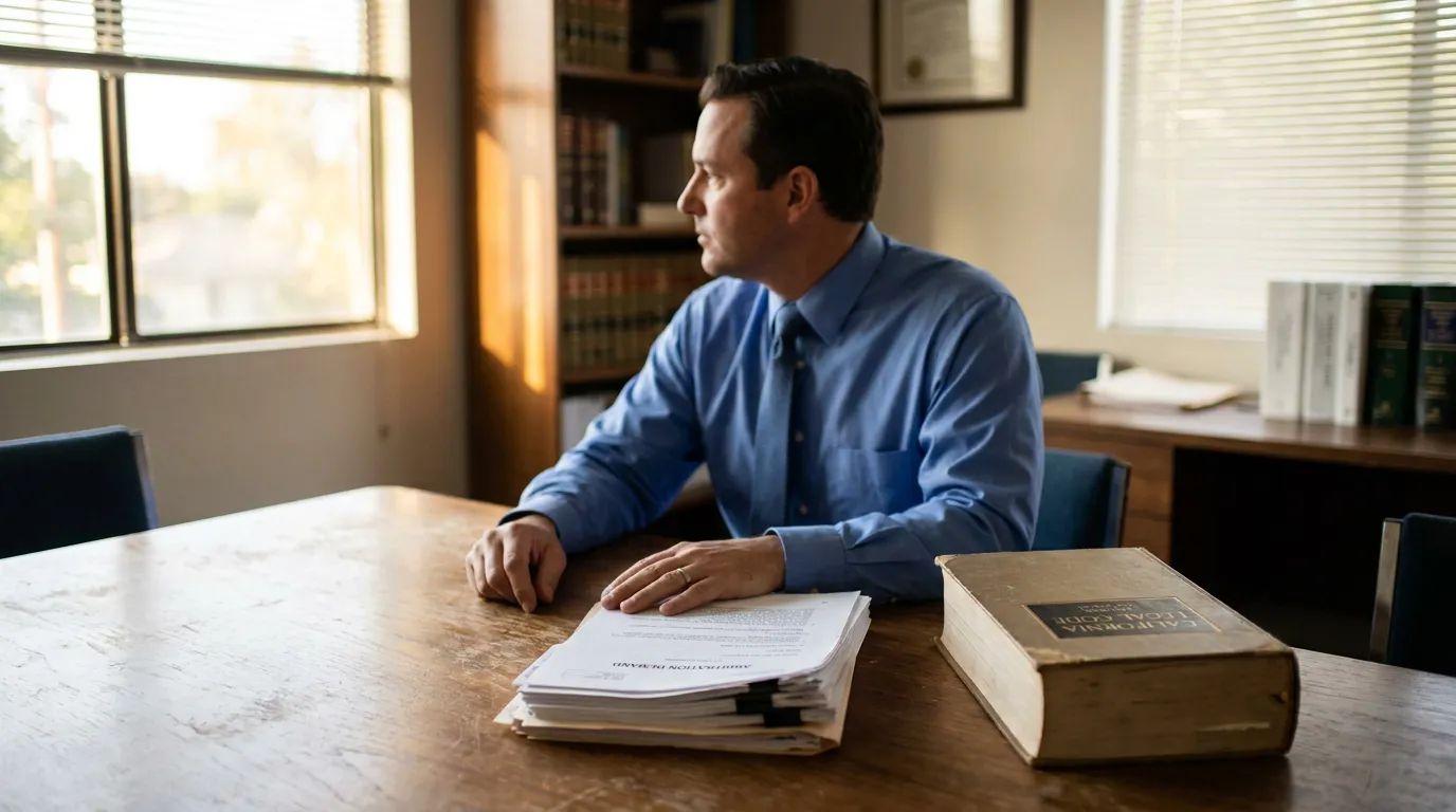 attorney seated at desk with arbitration demand documents and California legal code