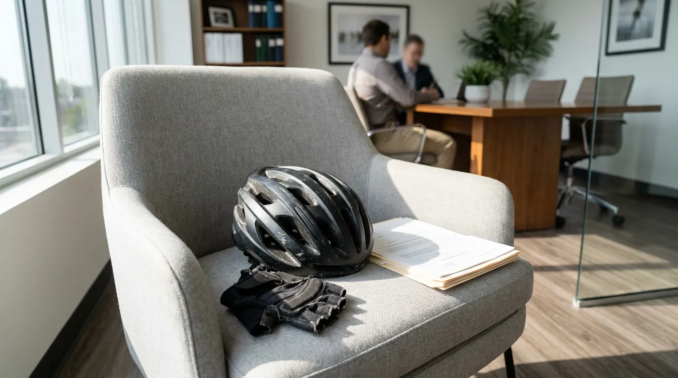 Newport Beach Bicycle Accident Lawyer Consultation Bisnar Chase bicycle helmet and gloves on chair with attorneys meeting in background