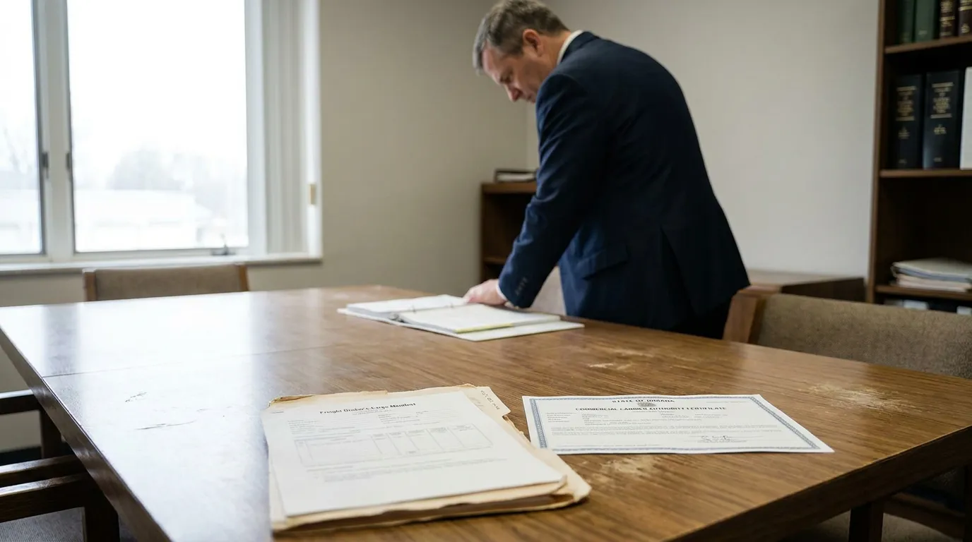 Indianapolis Truck Accident Lawyer Reviewing Freight Broker Documents attorney reviewing binder at conference table with freight broker cargo manifest and commercial carrier authority certificate documents