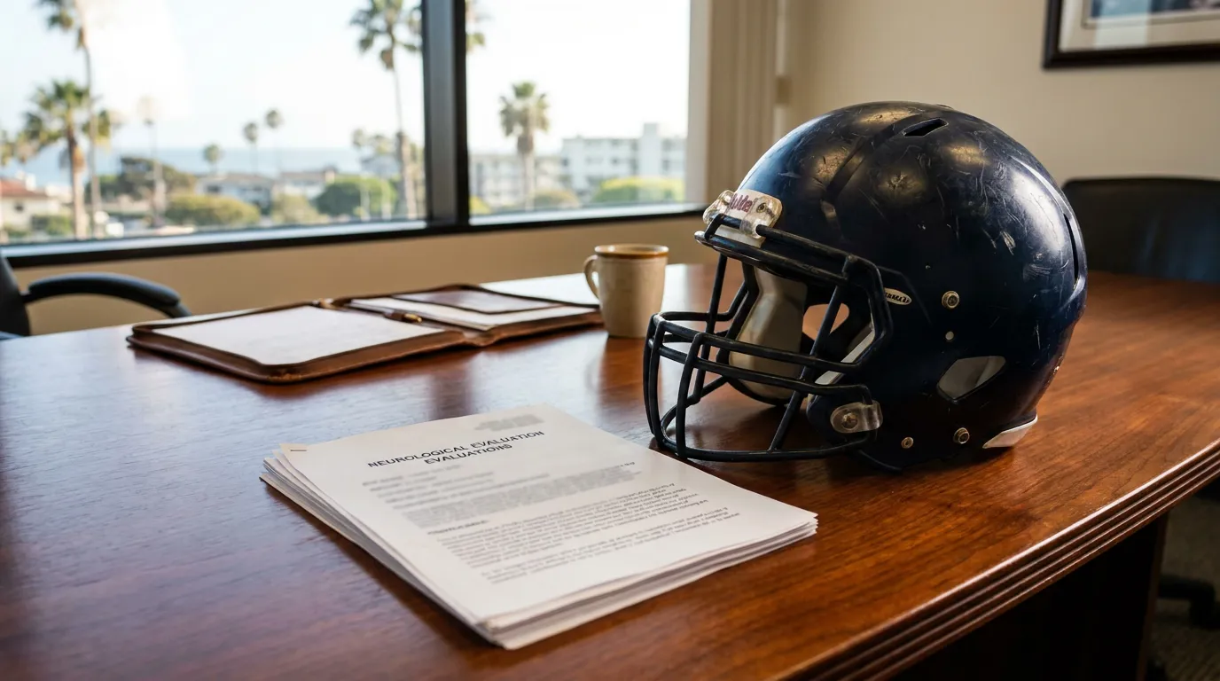 Newport Beach TBI Attorney Desk Football Helmet Neurological Evaluation football helmet beside neurological evaluation documents on law office desk