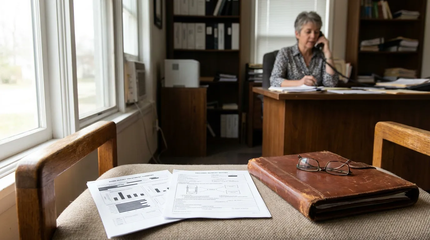 Columbus MS Truck Accident Attorney Reviewing Burn Injury Claim attorney on phone at desk with legal documents and leather portfolio in foreground
