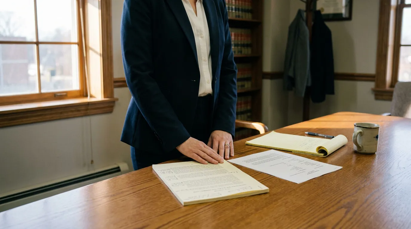 attorney standing at wooden desk reviewing legal documents in law office