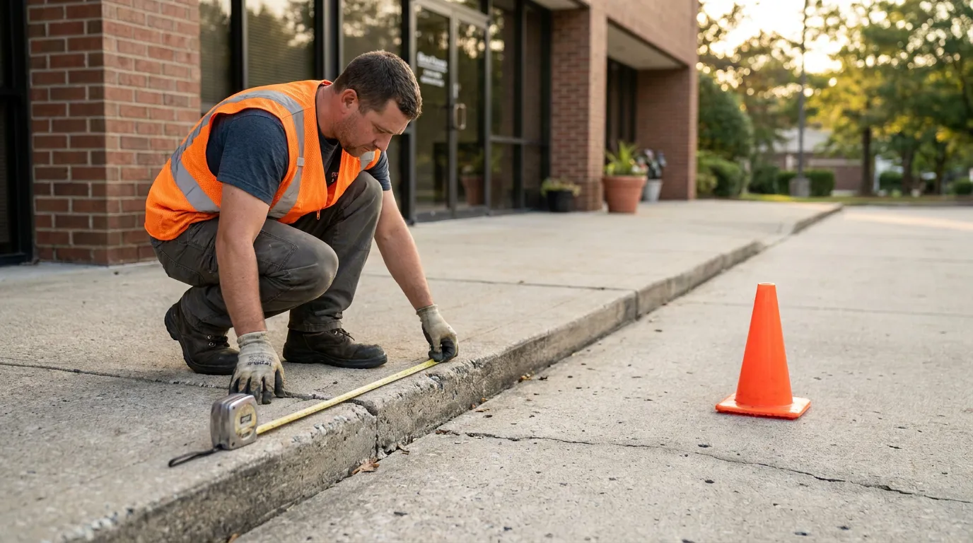 safety vest worker measuring damaged curb with tape measure near traffic cone