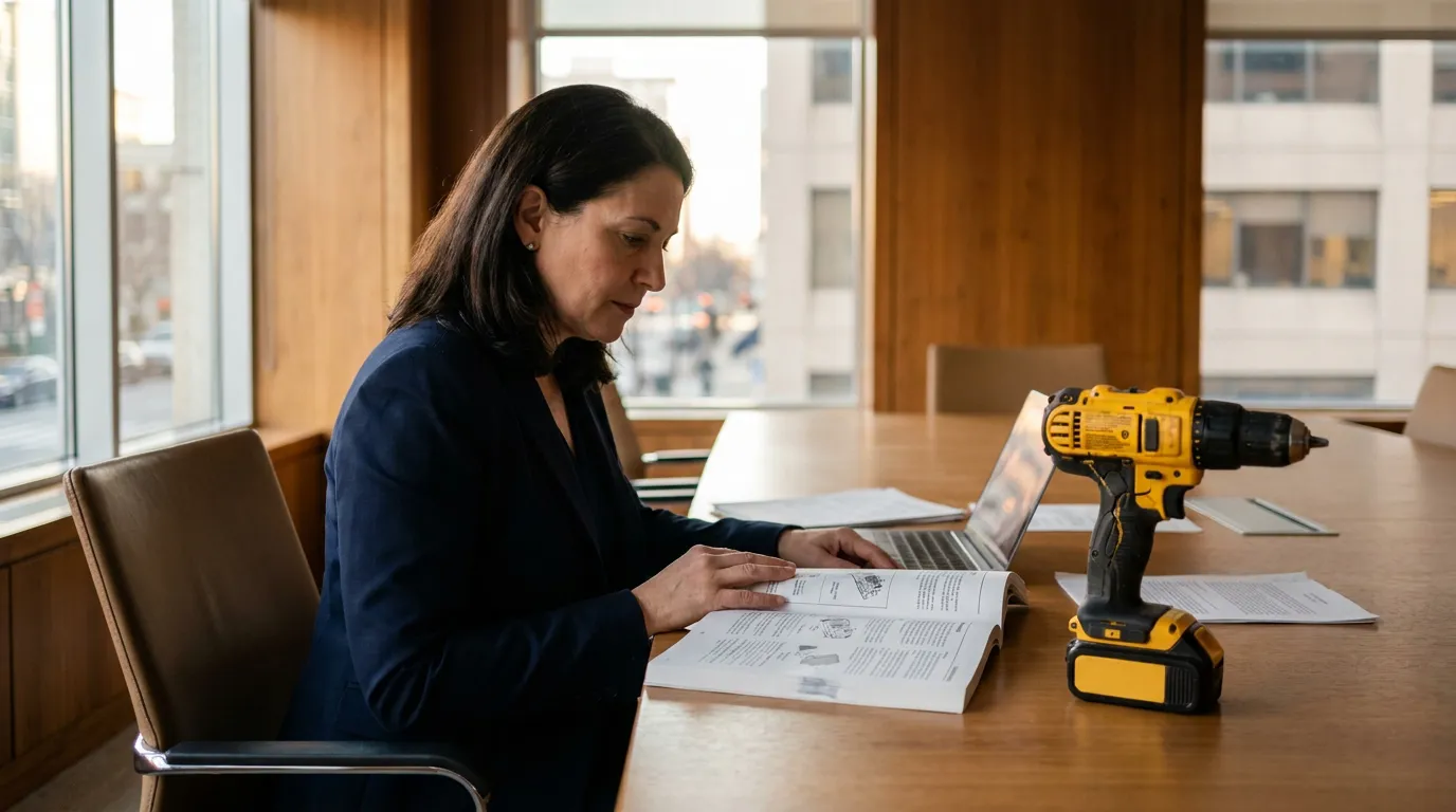 attorney reviewing product manual beside power drill on conference room table
