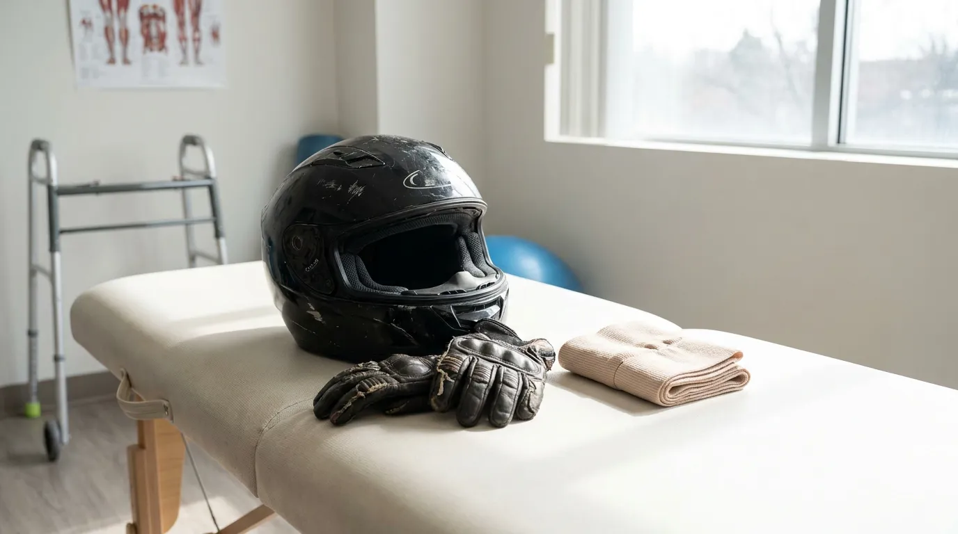 Worcester Motorcycle Crash Gear On Medical Treatment Table motorcycle helmet and riding gloves on medical examination table with walker nearby