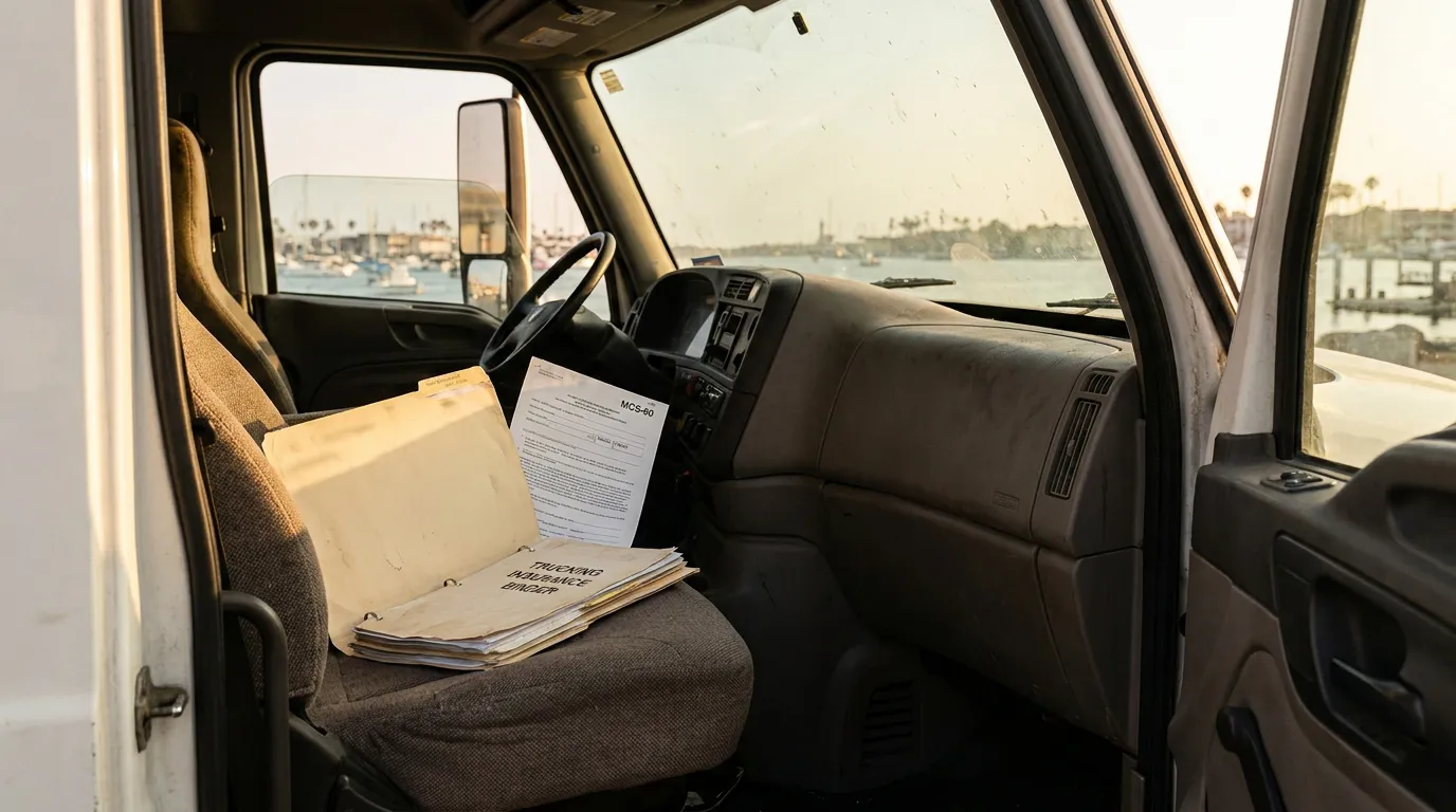 MCS-60 form and trucking insurance binder resting on commercial truck seat