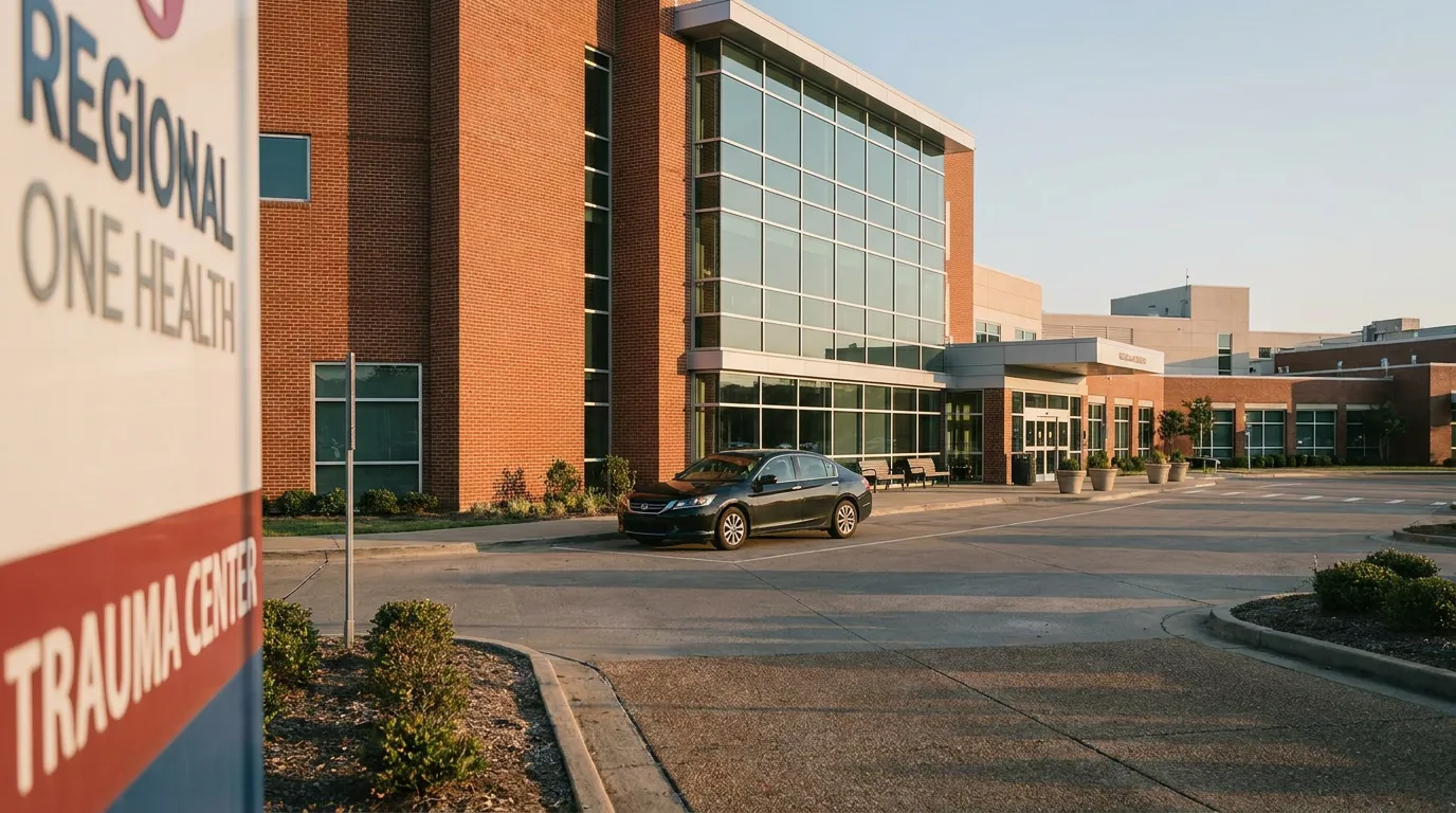 Regional One Health Trauma Center sign outside brick hospital building entrance