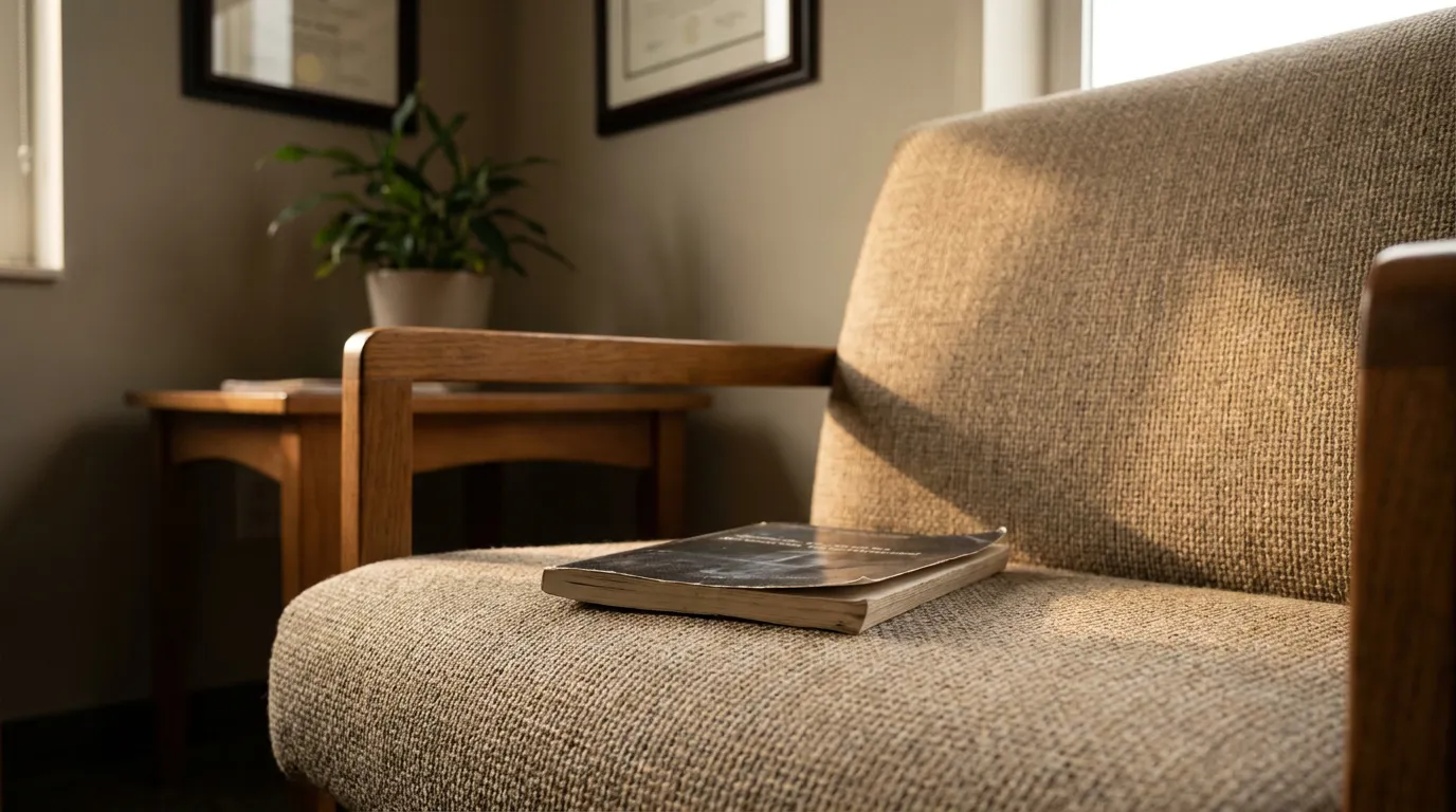 upholstered waiting room chair with book, framed certificates and plant in background