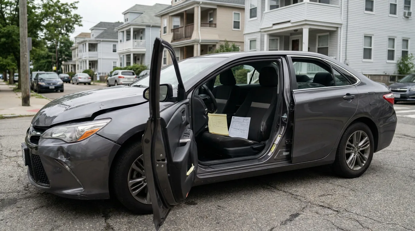 Damaged Car With Documents After Worcester Auto Accident damaged sedan with open door and documents on seat parked on street