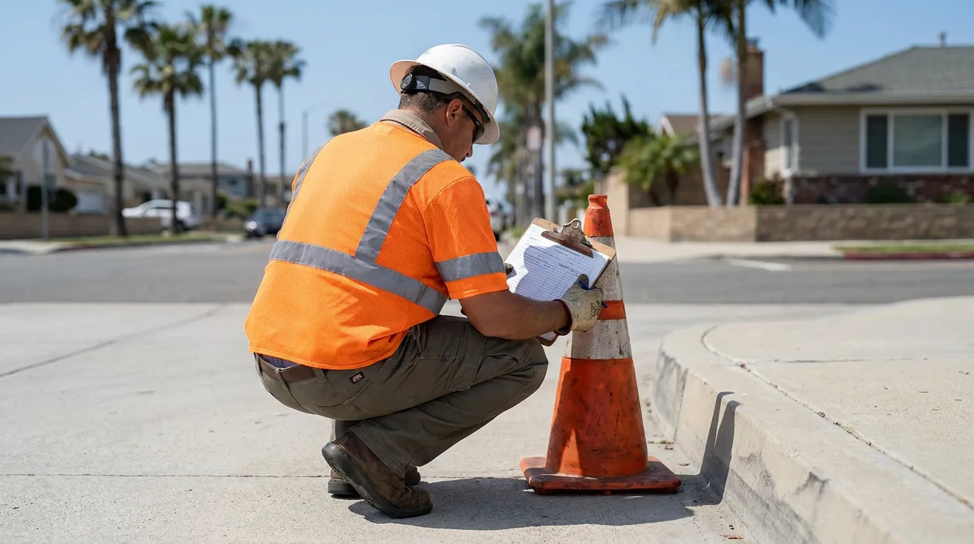 construction worker in hard hat writing on clipboard beside traffic cone on curb