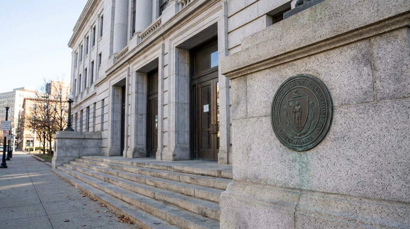 Commonwealth of Massachusetts seal mounted on granite courthouse exterior with stone steps