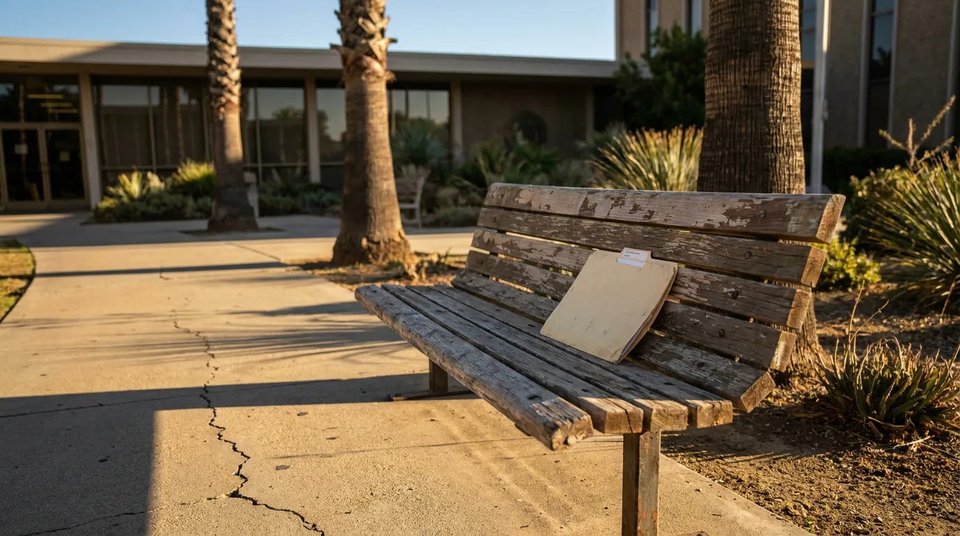 Newport Beach Courthouse Bench Survival Action Legal File weathered wooden bench with folder outside public building entrance walkway