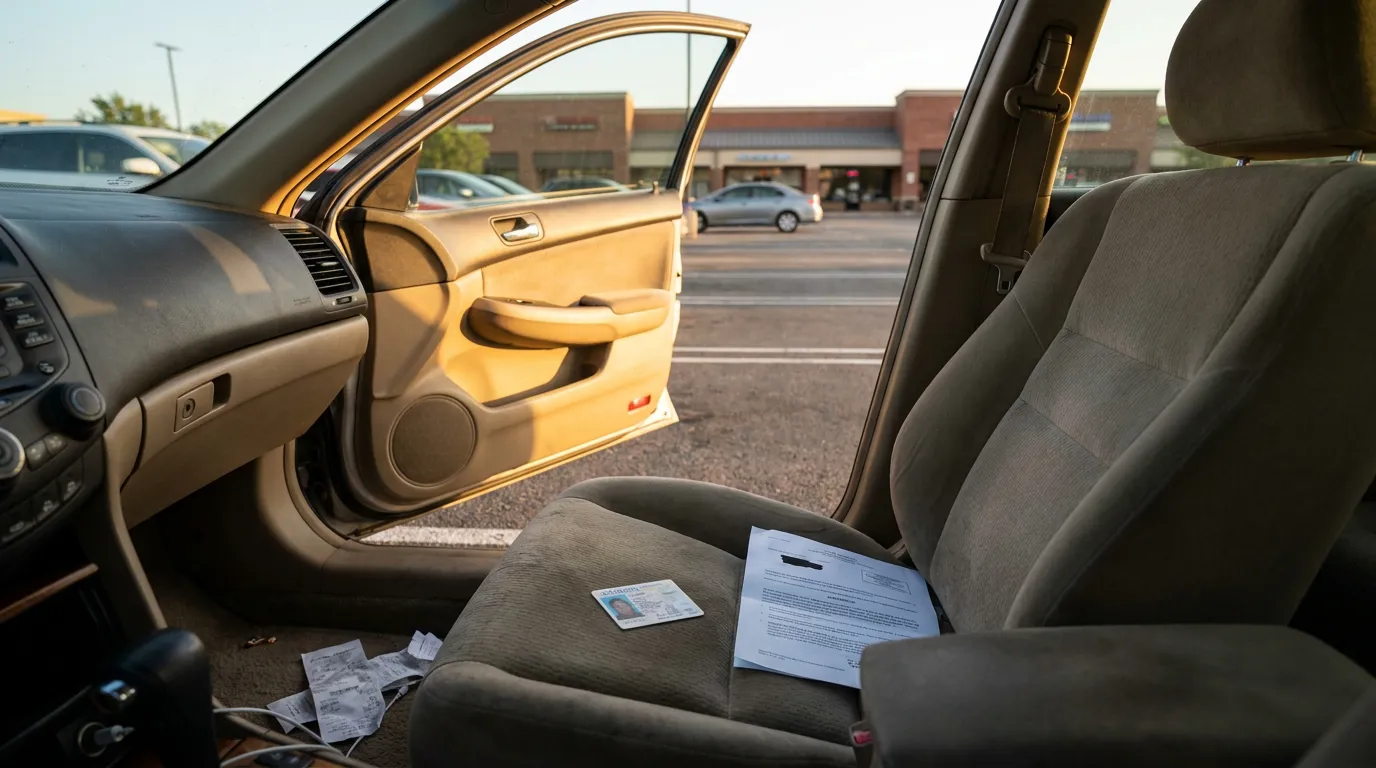driver's license and legal document resting on open car passenger seat in parking lot