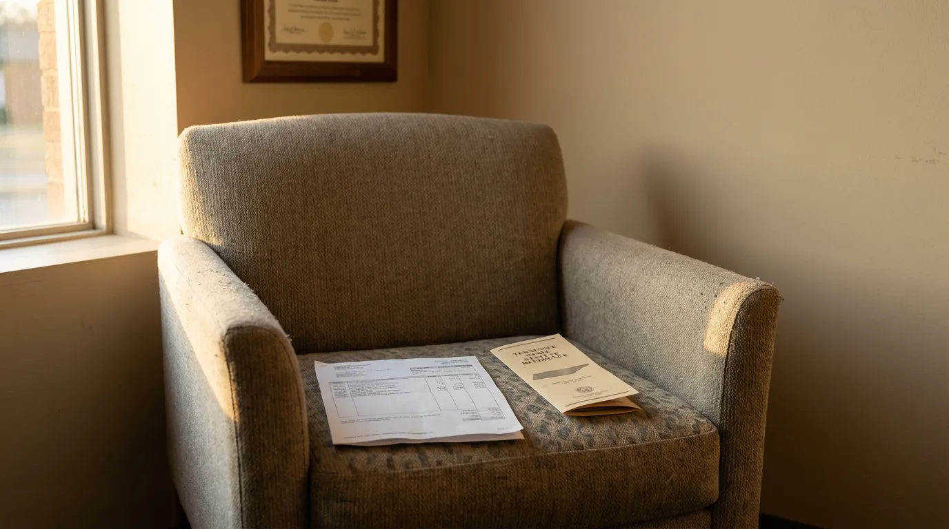 Memphis Medical Bills and Tennessee Statute in Law Office Chair legal documents and Tennessee state booklet resting on office waiting room chair