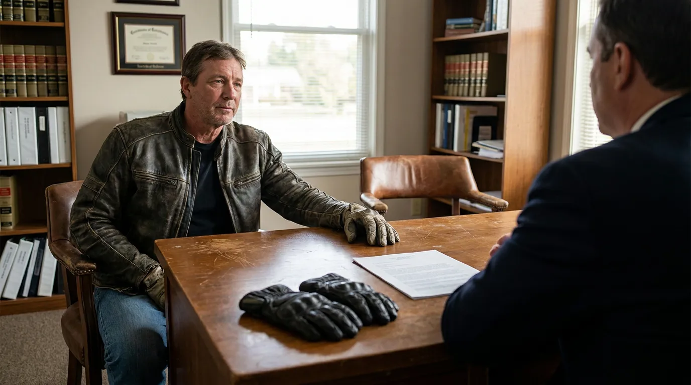 motorcyclist in leather jacket meeting with attorney in law office