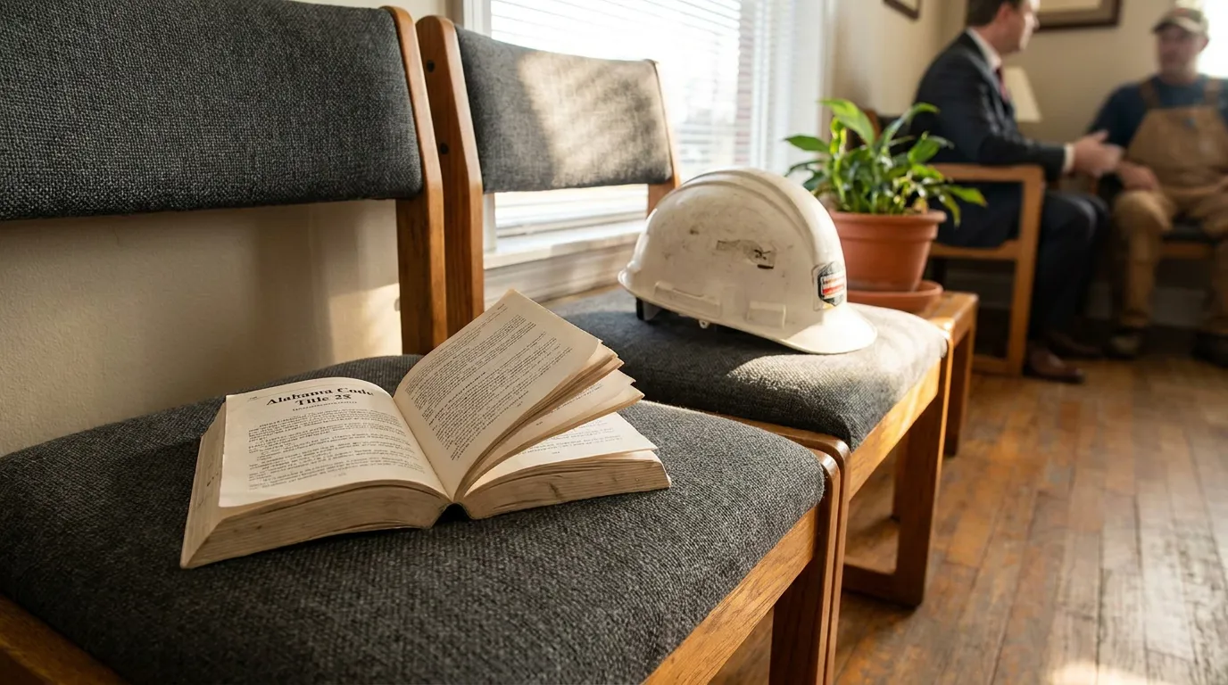 Alabama Code Title 25 Book and Hard Hat Decatur Work Injury Consultation Open Alabama Code Title 25 book and hard hat on waiting room chairs