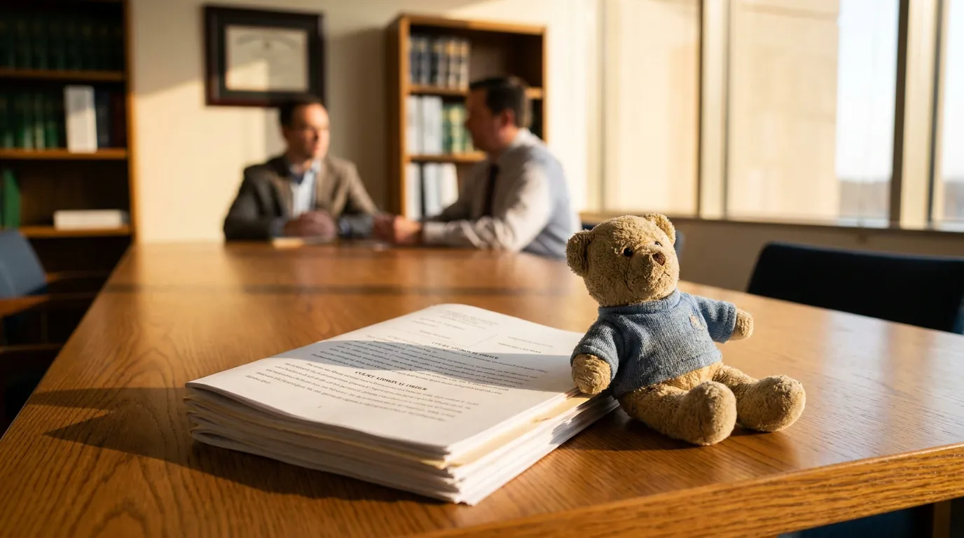 Columbus Mississippi Chancery Court Child Wrongful Death Settlement Approval teddy bear and legal documents on law office table during attorney meeting
