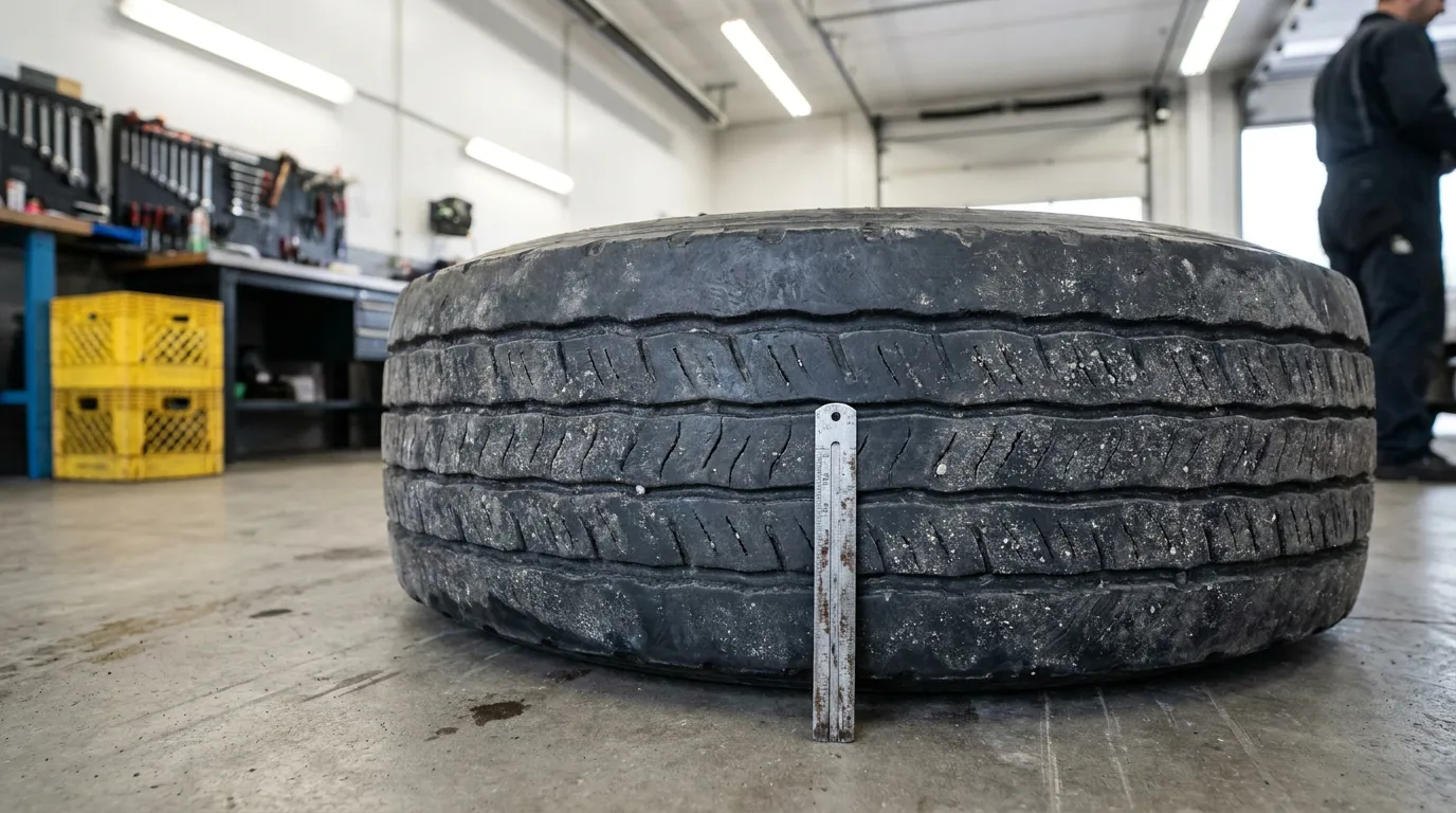 Worn Truck Steer Tire Tread Depth Measurement Boston worn tire with tread depth gauge tool resting against it in auto garage